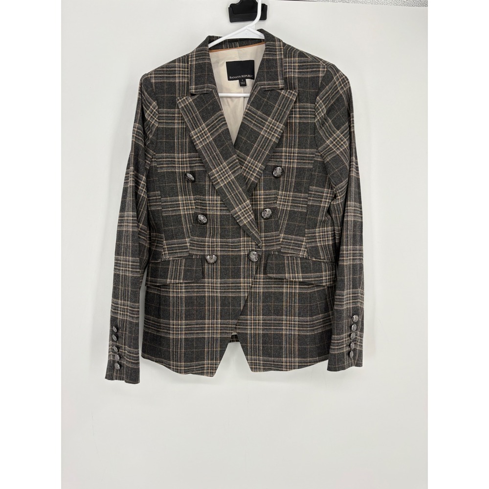 Banana Republic Blazer Women 8 Gray Plaid Double Breasted Wool Professional
